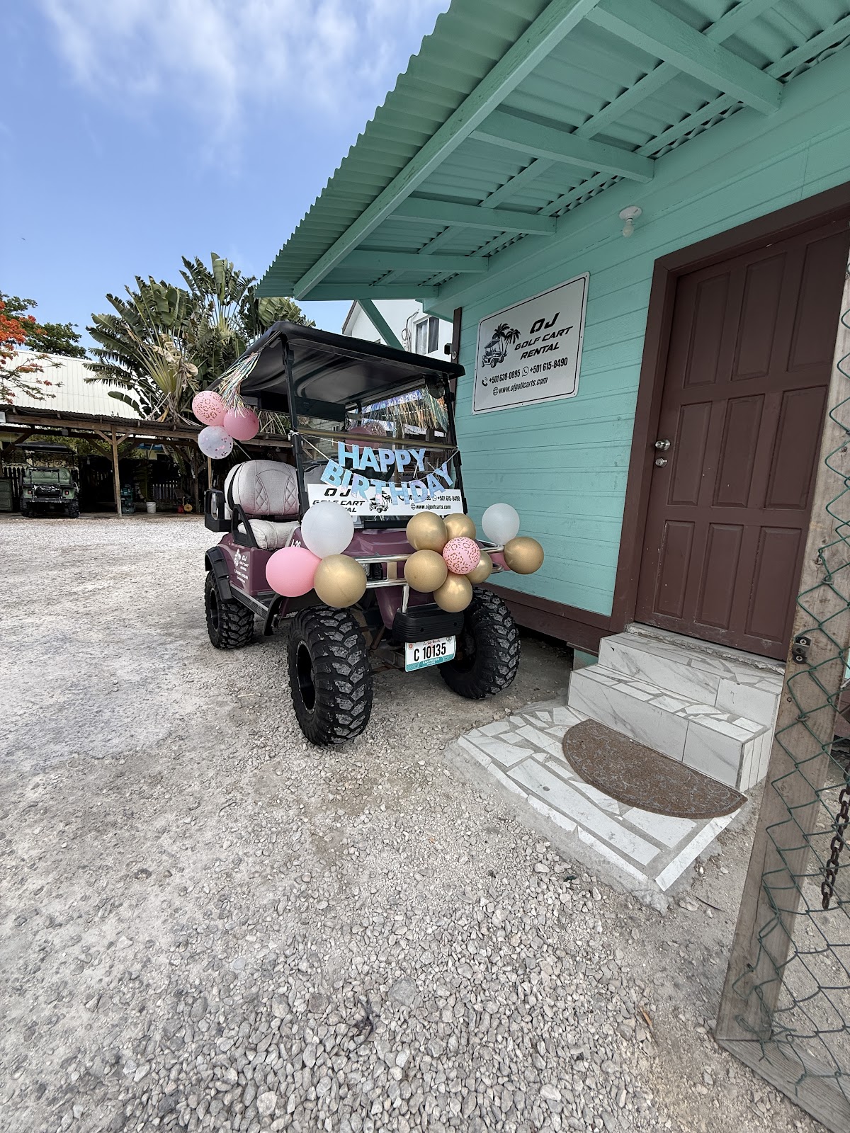 Birthday decorated golf cart full view