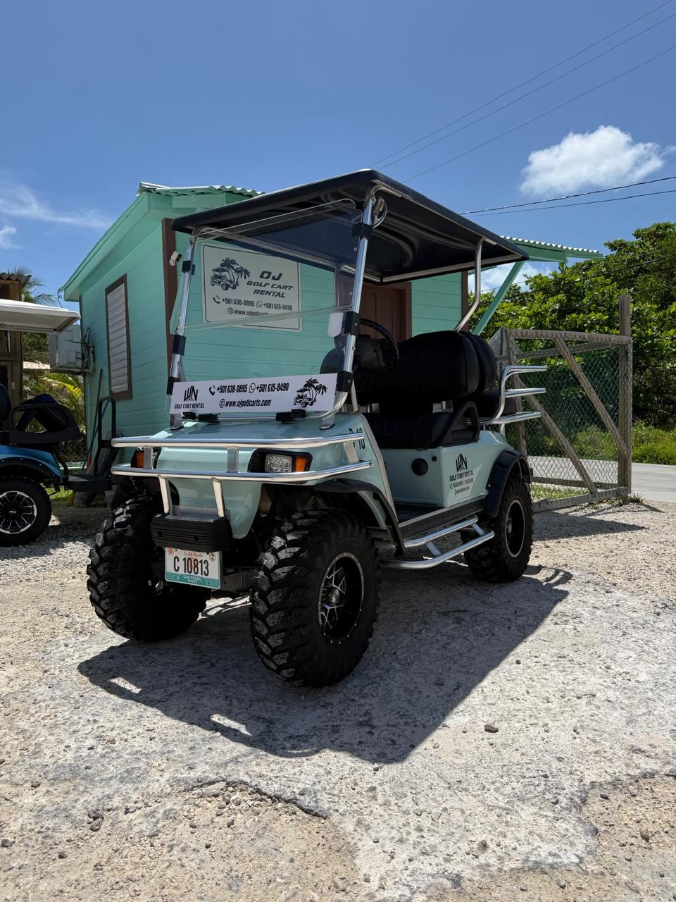 Ice blue 4-person golf cart rental San Pedro Belize