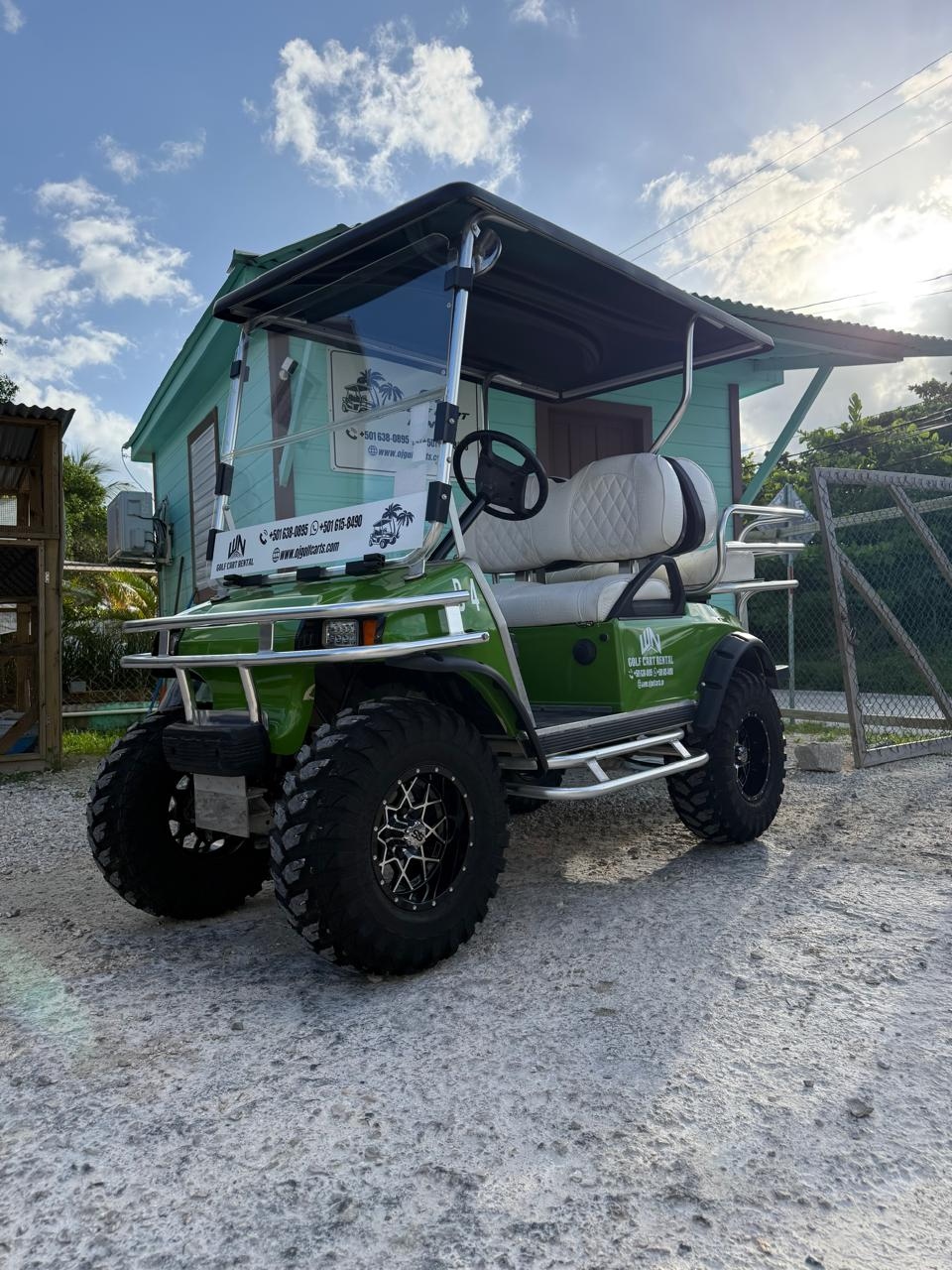 Lime green 4-person golf cart rental San Pedro Belize